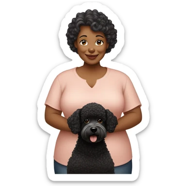 50 year old chubby woman with 03 dogs being a black poodle, a big ear caramel and a baby shorthair caramel sticker