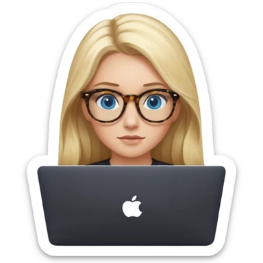 long blonde hair woman blue eyes on mac lap top with tortoise shell print glasses with black shirt sticker