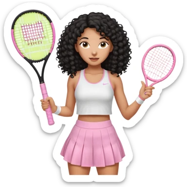 Mixed-race athletic woman with bronzed skin, long black curly hair, wearing pastel pink tennis skirt and white crop top, holding a racket sticker