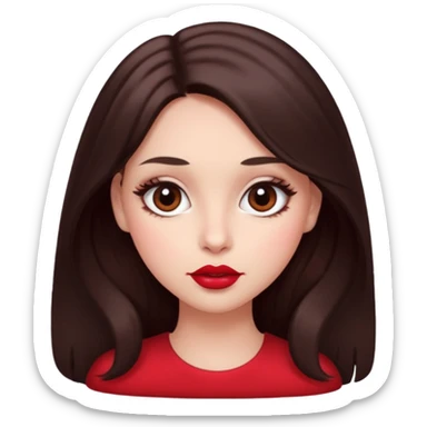 An featuring a woman with dark brown long hair, brown big eyes, light pinkish skin, red cheeks,  sticker