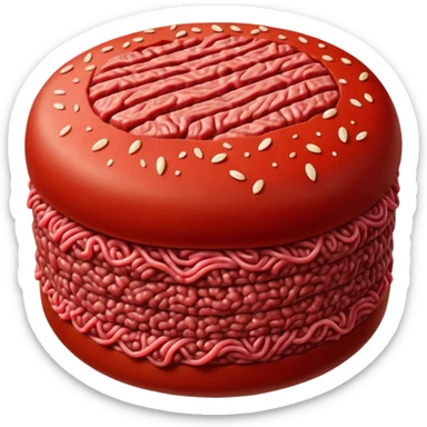 single round patty of raw ground beef with deep red color, visible strands from grinding, slightly uneven surface with pressed ridges or grid pattern on top, moist fresh appearance, no packaging, plate, or garnish, soft lighting, subtle shadows, emoji scale sticker