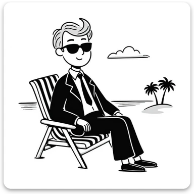 blonde businessman in formal suit sitting in a beach chair on a tropical vacation, relaxing sticker