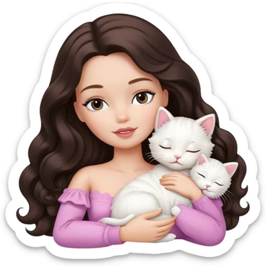White Barbie girl dark brown long wavy hair sleeping with white kitty sticker
