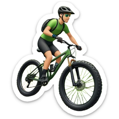 An icon showing a mountain bike with thick tires on a forest trail, surrounded by trees and natural terrain. The background features a lush green forest with sunlight filtering through the branches, and a winding path ahead. Transparent background highlights the  adventure of mountain biking. sticker