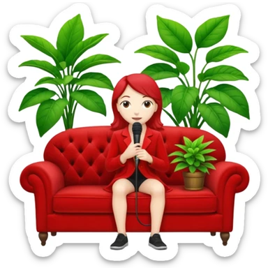 red velvet luxury couch with a stand mic in front and houseplant in back sticker
