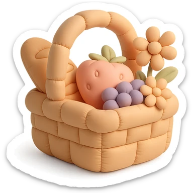 picnic basket with berries, bread, and flowers in warm pastel shades, cushion style sticker