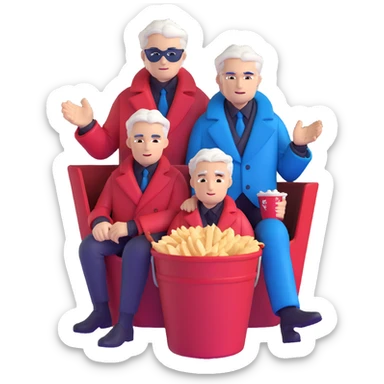 Dante and Vergil from Devil May Cry sitting together in a KFC family bucket, Dante in red coat, Vergil in blue coat, both with white hair sticker