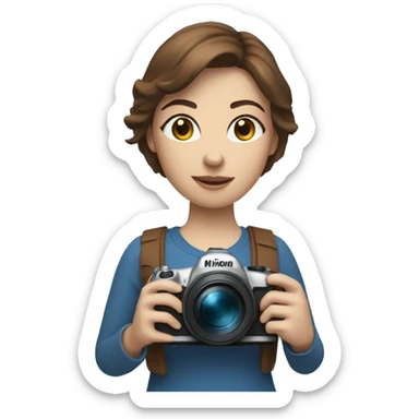 woman with brown short hair and blue eyes holding a nikon camera sticker