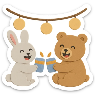 Make the image more visually appealing with both the bunny and bear having laughing faces, and ensure the body parts of the bear and bunny are visually good looking and matching. Keep all other design elements unchanged sticker