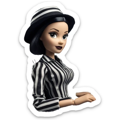 Bouclé Beauty Lingerie Barbie, Wednesday Addams from academy, in dark-gray and black striped outfit with hat. Driving 1965 Mercedes 190 sticker