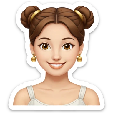 nữ 30 tuổi, da trắng,mặt tròn, tóc nâu búi cao 2 bên gọn gàng, đeo khuyên tai vàng. cười tươi sticker