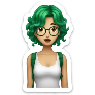 A heavy set boy with brown hair and a mustache is kissing a green haired girl who is thin and wearing glasses both have tattoos sticker