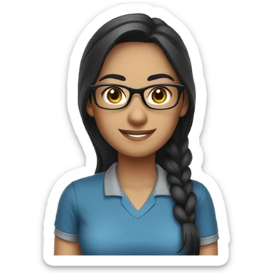 female teacher, long black hair with some grey, wearing blue eyeglasses. Brown eyes. Wearing a polo shirt. Smiling sticker