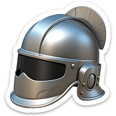 Clash of Clans aesthetic: Cinematic Playful Steel Helm Emoji, rendered in a 3D vector-style similar to standard emojis with minimal shading and bold, simplified shapes. A compact, isometric helmet crafted of shining steel with intricate engravings and a protective visor, softly glowing with a noble warrior charm. Simplified yet unmistakably iconic, highly detailed and consistent, glowing with a soft radiant gleam and high polish. Stylized with a touch of chivalric tradition and a soft glowing outline, capturing the essence of a stalwart battle helm with a friendly, playful manner! sticker