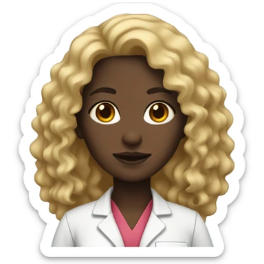 woman dark skin long curly hair with a doctor uniform sticker