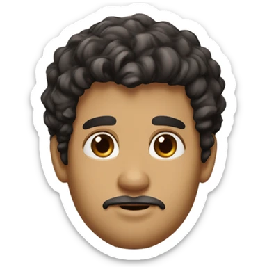 A man, brown-black eyes, light bearded stubble, dark-black curly hair medium-to-big lips, round-like nose black shirt sticker