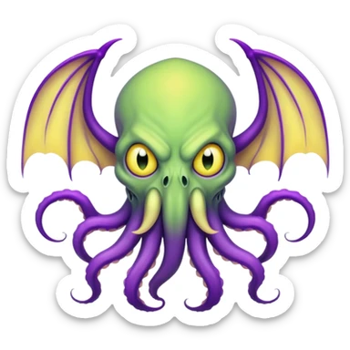 light green Cthulhu with purple bat wings and purple gradient tentacles. Yellow angry eyes. yellow suckers on tentacles. dramaticshading sticker