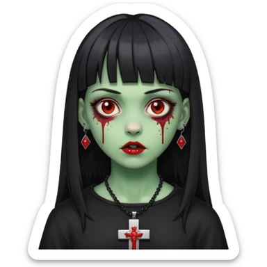 zumbi verde com olhos vermelhos sangrando e franja roupa preta e um crucifixo como colar, sem ser na testa e um piercing no nariz bem feminino a franja reta também  sticker