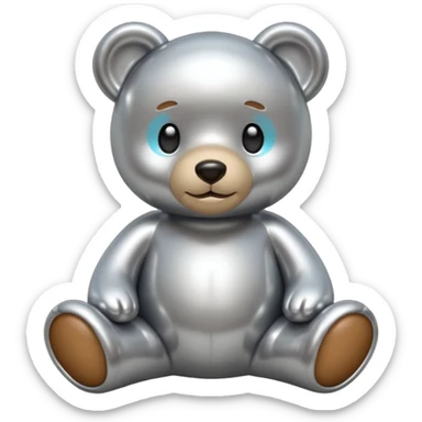 A cute teddy bear emoji made of liquid silver chrome, smooth rounded body, glossy metallic surface, soft reflections, friendly proportions, iOS emoji style, centered, clean white background sticker