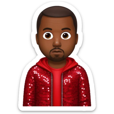 Kanye West with dark brown hair, red sequin outfit sticker