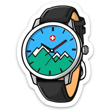 Swiss wealth manager with Alps background, Swiss watch, and financial charts sticker