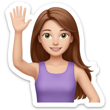 emoji of a confident woman named Freya McOmish, smiling, hazel green eyes, straight long hair with a middle part, subtle freckles, modern casual style, broad shoulders, wearing a lavender sleeveless deep square neck top, waving sticker