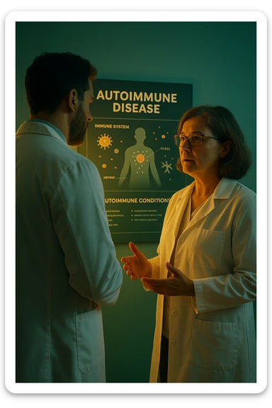 Realistic, detailed photo taken from behind of one doctor e un paziente —a bearded man and a middle-aged woman—standing and facing each other as they discuss an autoimmune disease diagnosis in front of a medical chart that displays information about the immune system and autoimmune conditions. The scene is illuminated by a yellowish, orange, warm light that softly envelops the doctors. The entire room is bathed in a single green-blue color, creating a cohesive and modern atmosphere. Both doctors wear white coats, and their body language suggests a serious, professional conversation about the complexities of autoimmune diseases. Shot with a Canon EOS R5, with high detail and natural depth of field. in italiano sticker