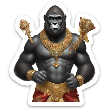 male gorilla with indian male jewellery and  indian traditional wear, holding a  huge weapon, humanoid, holding another  huge weapon  sticker