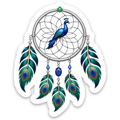 a Silver Dreamcatcher with sapphire-stones and emerald-stones, and with peacock-feathers sticker