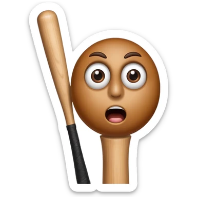 Classic wooden baseball bat with a face having round eyes, a small nose, and a surprised mouth sticker
