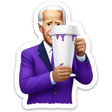biden with purple liquid spilling out of white cup sticker