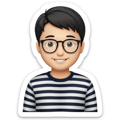 asian man with black curtains styled hair in striped sweater standing smiling and in glasses sticker