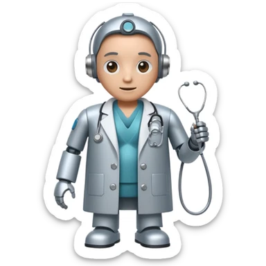 robot with a doctor's coat and a stethoscope sticker