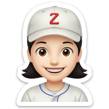 Digital illustration of a cartoon character with a big smile on its face. The character has dark hair and is wearing a white baseball cap. The overall style of the illustration is cute and playful. sticker