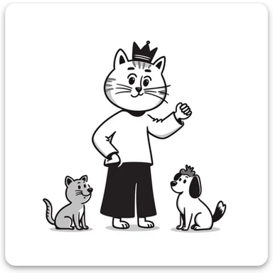 cat with a crown, giving orders to other pets sticker