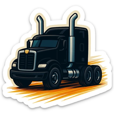 Black Kenworth W680 cartoon truck rolling down the road with shiny chrome stacks, big wheels, fun proportions, and a strong sense of speed and motion. sticker