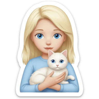 A girl with blonde hair, blue eyes, holding a white cat sticker
