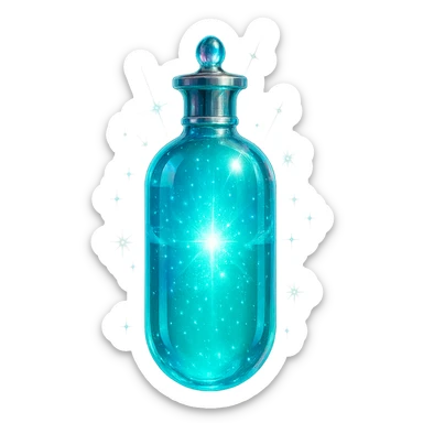 capsule-shaped luxurious elixir bottle, cyan color, iridescent and silver details, maximum intense magical glowing and sparkling effects, very small neck, seamless bottom, transparent background, floating, no base or shadow, modern, matching a collection sticker