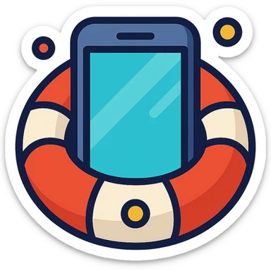 Create a mixed version of a smartphone inside a lifebuoy, combining the colorful outline icon style and vibrant cartoon style. Use vibrant colors, cartoon details with clean lines, and a transparent background. sticker