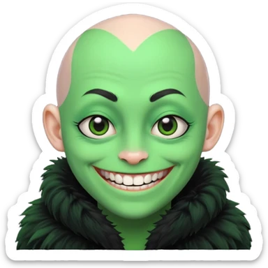 A bald person with bright green sclera and bright green teeth, grinning widely. Has fluffy black neck fur, with a fluffy black body sticker