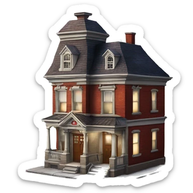 Very old dilapidated Apartment building shaped like the Ghost Busters Firehouse with solar lights and decorative and detailed interior design  sticker