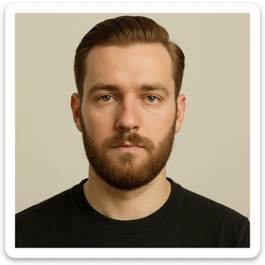 portrait of a young man with short light chestnut hair slicked back, medium-length thick beard, light green eyes, fair skin, oval face, neutral expression, wearing a dark t-shirt, plain light background, shoulder-up front view sticker