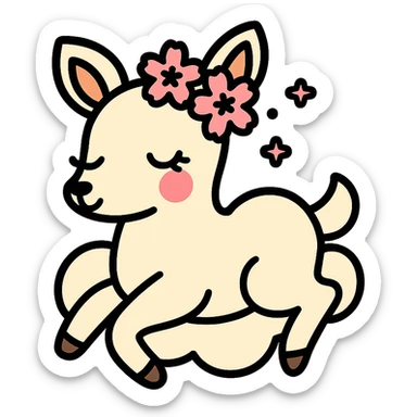 feminine adult vanilla cloud doe with rosy cheeks and cherry flowers, floating gracefully, minimalist style, brand identity, social media sticker