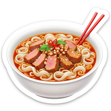 Fuzhou Lychee Pork Noodles with meat sauce and noodles, simplified emoji style with bold outlines and bright colors, cartoon style Fujian specialty Ban Mian sticker