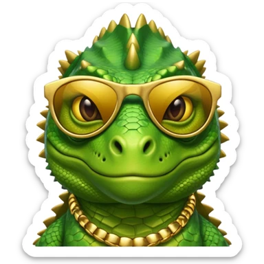 rich capitalist iguana head with golden glossy sunglasses sticker