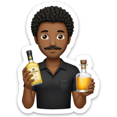 dark black guy, short black curly hair, short beard and mustache, holding tequila, black shirt  sticker