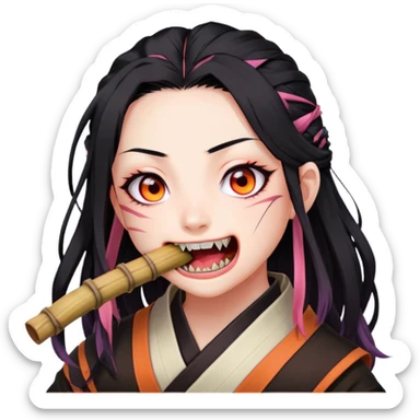 Nezuko from Demon Slayer biting down on bamboo muzzle with teeth visible, pink eyes and black hair with orange tips sticker