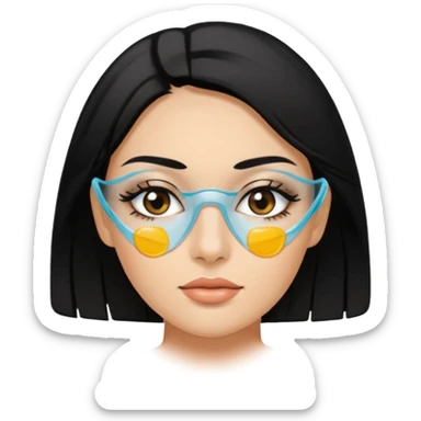 make an emoticon of a woman that has gel-like under eye patches of skincare of transparent color and make the woman slightly indian with only skintone and hair and no other such element and make the patches slightly bigger while keeping them transparent sticker