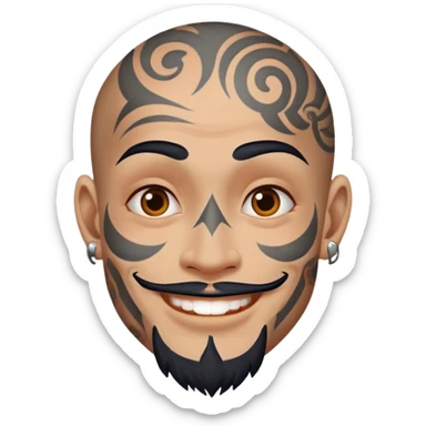 man with bold face tattoos, happy face sticker