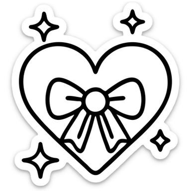 Add sparkles around the pink glittery heart with a pink bow, keeping the outlined icon style and transparent background. sticker